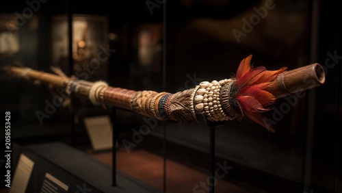 An ornate ceremonial blowpipe displayed in a museum case.