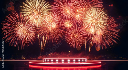 Vibrant fireworks display over waterfront stage at night