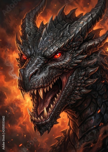 Demonic Horned Dragon Monster Roaring in Apocalyptic Fire