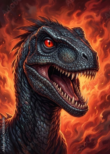 Evil Black Raptor Dinosaur Portrait against Burning Background