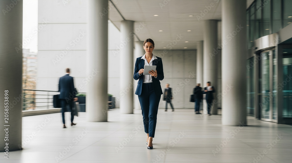 Fototapeta premium Confident businesswoman walking through a blurred corporate lobby with a tablet, representing agile management and dynamic leadership.