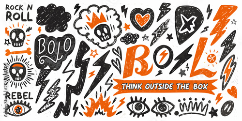 Quadro su tela Rock and roll themed vector doodle collection with skulls and lightning bolts