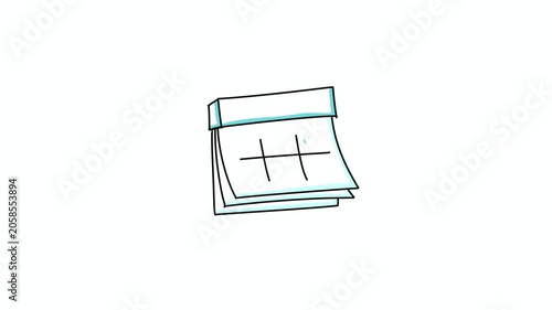 Animated doodle calendar icon with teal accent and checkmark on white background, 4K landscape, cartoon style loop animation for planning, schedule and business productivity content.