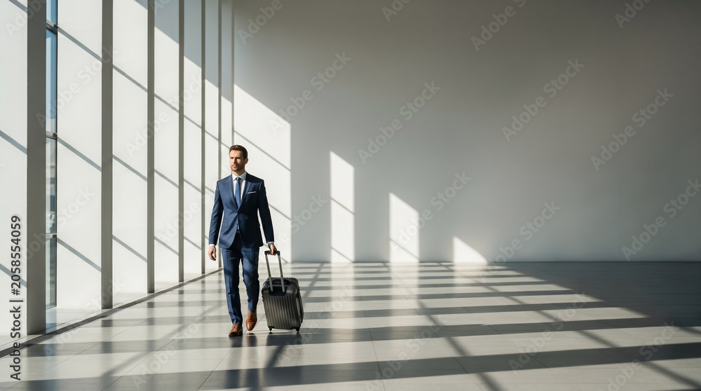 Fototapeta premium Businessman walking with luggage in a modern airport terminal representing global executive travel and international career mobility.