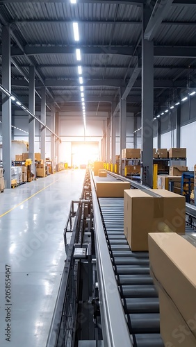 A warehouse interior with a conveyor belt and stacked boxes