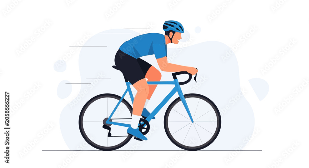 Fototapeta premium Cyclist in aerodynamic pose on racing bicycle, motion blur, flat vector illustration, healthy lifestyle and sport concept
