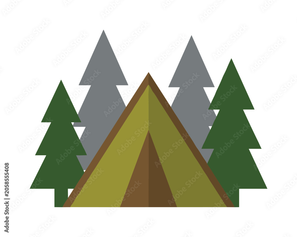 Fototapeta premium Camping tent in forest with trees simple flat vector illustration