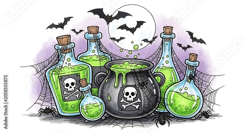 Glowing Green Potion Bottles and Cauldron Arranged with Bats and Spider Webs in Halloween Scene