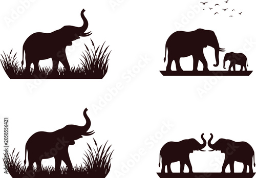 Photography African Elephant Silhouette Set with Wildlife Family Herd and Fighting Bull Scen