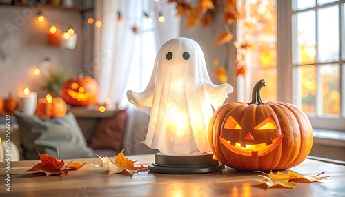 A warmly lit ghost figurine and jack-o-lantern on a table