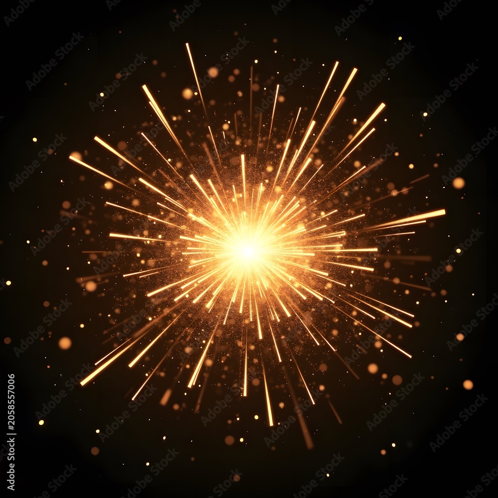 Obraz premium Spark Explosion with Bright Golden Light Rays and Particles on a Dark Background Featuring Firework, Energy, Burst with Radiant and Glowing Elements