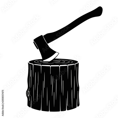 Lumberjack axe embedded in a wooden tree stump