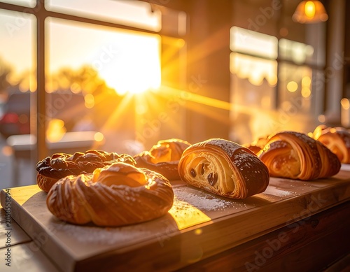 A warmly lit wooden cutting board displays assorted pastries