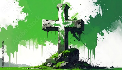A weathered stone cross on a grassy mound against a vibrant green and white abstract background