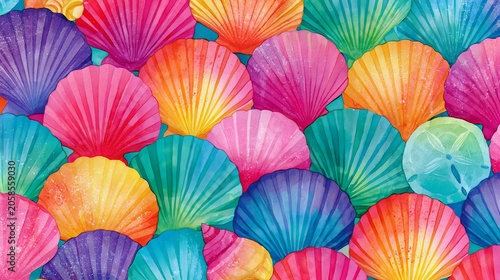 Bright seashells create a colorful, repeating design for a lively summer scene.
