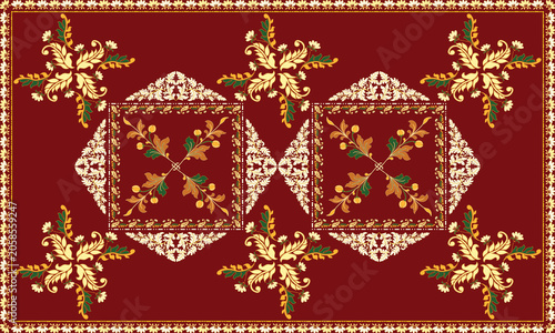 Foto Elegant red ornamental carpet pattern featuring symmetrical floral medallions, ivory decorative frames, gold and green botanical accents in classic Persian style