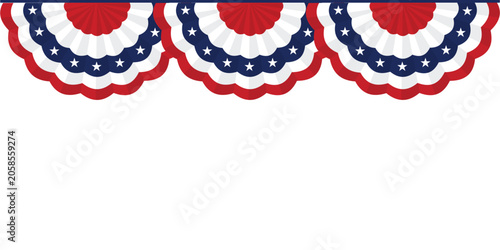 Patriotic bunting banner with red white and blue pleated fabric for independence day, memorial day, or fourth of july