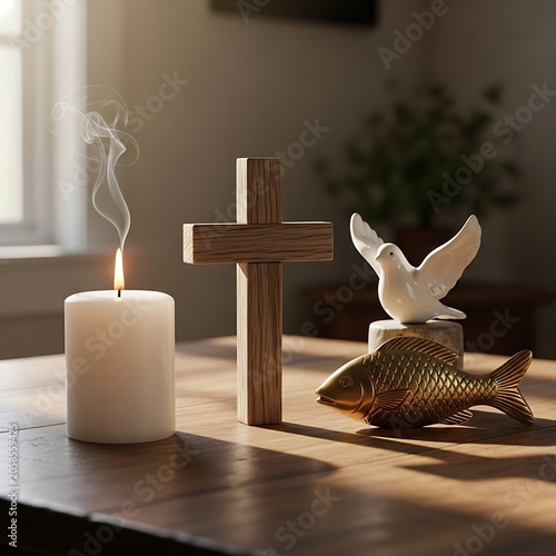 Lit White Candle and Wooden Cross Arranged on Sunlit Table with Dove and Fish Figurines