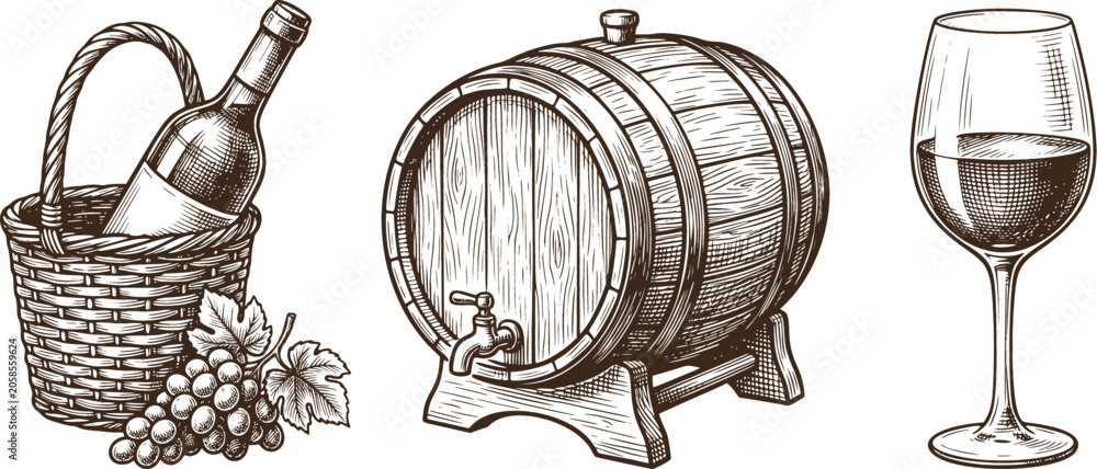 Fototapeta premium Wine, grapes, barrel, basket, glass, vintage, alcohol, drink, wine-making, illustration
