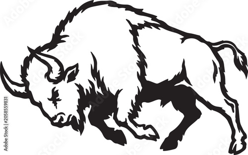 Angry Bison Silhouette Line Art Bold Outline Wildlife Animal Vector Illustration