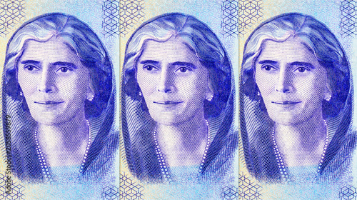 Fotografie Pakistani 75 Rupees banknote Features the portrait of Fatima Jinnah, wind turbines symbolizing green energy