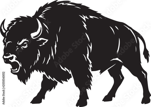 Angry Bison Silhouette Line Art Bold Outline Wildlife Animal Vector Illustration