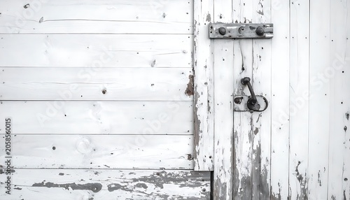 A weathered white wooden door with a latch