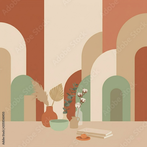 Abstract geometric background with terracotta arches, minimalist vases and dried flowers.