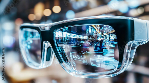 Close-up of smart glasses providing real-time accessibility assistance, inclusive technology concept, realistic stock photography