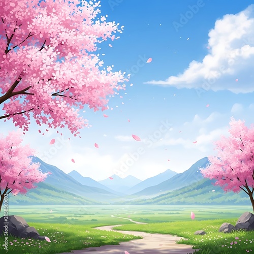 Blooming Pink Cherry Blossom Trees Framing Sunny Mountain Valley Landscape