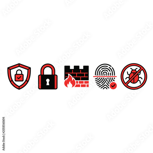 Cyber Security Icons: Shield, Lock, Firewall, Fingerprint, Antivirus