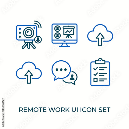 Flat Design Remote Work UI Icons with Digital Communication Elements