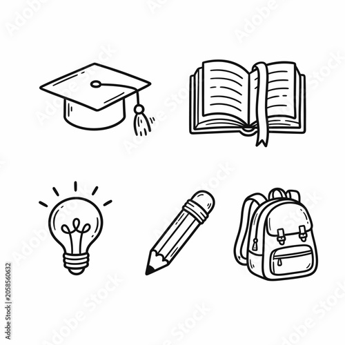 Hand-drawn Education Icons: Graduation Cap, Book, Lightbulb, Pencil, Backpack