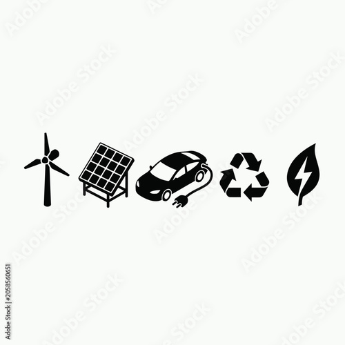 Renewable Energy Sources and Sustainable Transport Flat Icon Set