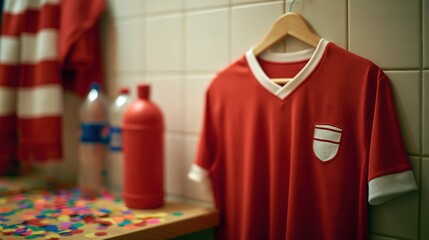 Locker room celebration with blank football jersey and confetti