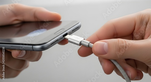 Person plugging usb type c cable into smartphone charging port.