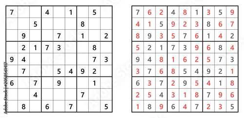 Classic 9x9 sudoku grid with medium difficulty level,  single solution logic puzzle, brain training number game