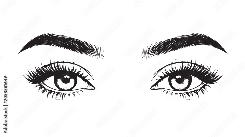 Fototapeta premium Beautiful hand drawn female eyes with long eyelashes and perfect eyebrows vector illustration