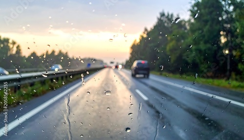 A wet highway road with raindrops on the windshield