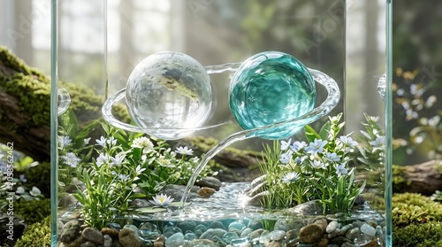 Glass Spheres in a Tranquil Aquarium Scene with Blossoms