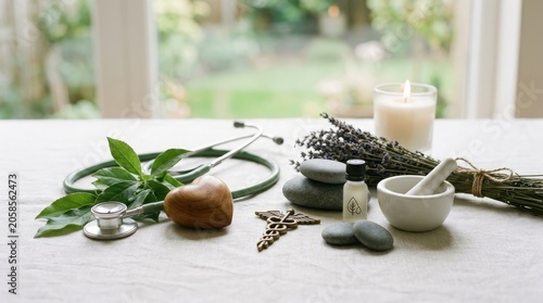 Holistic Wellness Scene with Herbs Candles and Stones for Healing