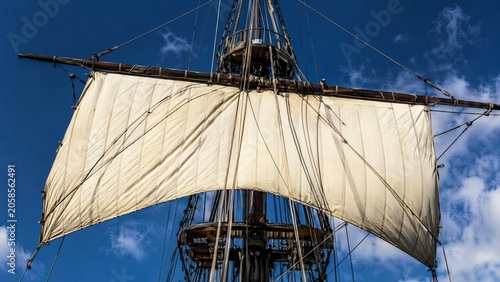 The billowed topsail of an old sailing ship against a deep blue sky.