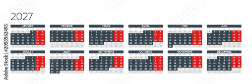 Foto French 2027 Horizontal 6x2 Grid Minimalist Yearly Calendar Template Corporate 12 Month Schedule Grid (Compatible with 2038 and 2049)