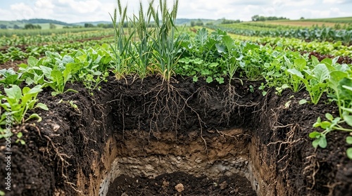 Soil Layer Cross Section in Vegetable Field with Roots