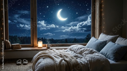 Bedroom Moonlit Night Scene with Cozy Bed and Window View