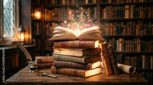 Magical Open Book Glows Above Antique Library Stacks