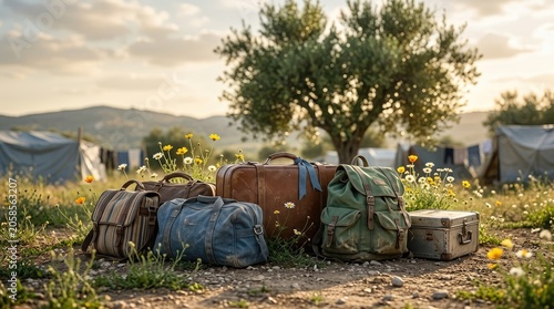 Camping Luggage Scene at Sunny Field with Tents and Travel Bags