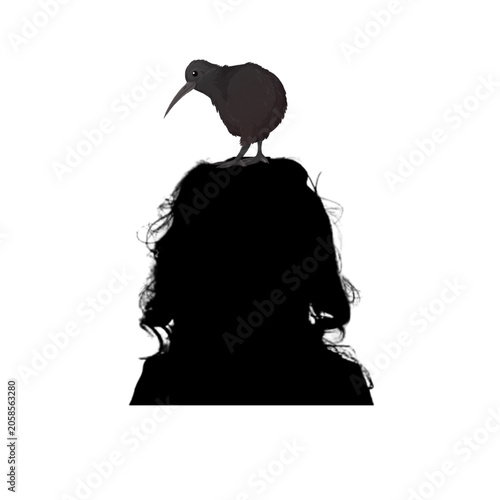 Silhouette of girl with bird on her head.