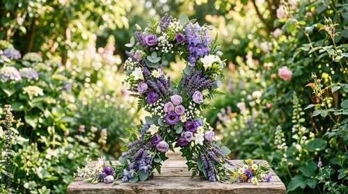 Floral Lavender Bouquet on Wooden Table in Lush Garden Scene