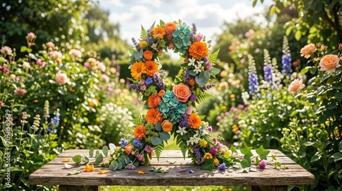 Floral Wreath on Sunlit Garden Table for Outdoor Event Decor